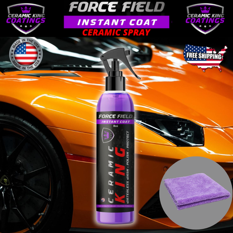 Image of Ceramic King Coatings Force Field Instant Coat spray bottle with car and towel in the background